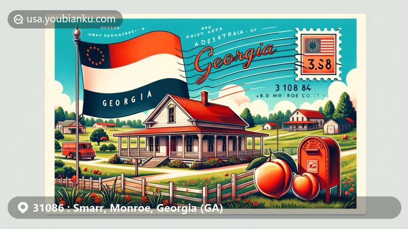 Modern illustration of Smarr, Georgia, Monroe County, showcasing rural beauty with iconic Georgia peach, vintage post office, and red mailbox, integrating Monroe County outline, Georgia flag, and ZIP code 31086.