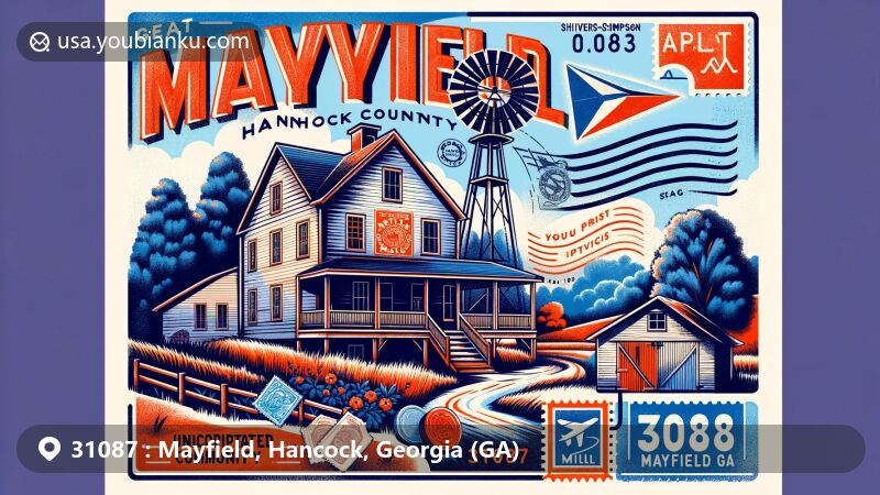 Modern illustration of Mayfield, Hancock County, Georgia, highlighting the ZIP code 31087, showcasing the unincorporated community setting and the notable landmark Shivers-Simpson House (Rock Mill), featuring postal elements like air mail envelope, stamps, and a postmark.