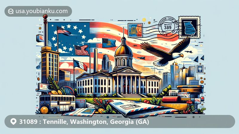 Modern illustration of Tennille, Georgia, blending historic charm with postal theme, featuring state symbols and ZIP code 31089, creatively integrating landmarks and postal elements.