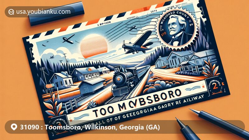 Modern illustration of Toomsboro, Wilkinson County, Georgia, capturing essence of ZIP code 31090 with rural landscape and cultural references to Robert Toombs. Features railway heritage and local flora in background, with postcard motif in foreground.