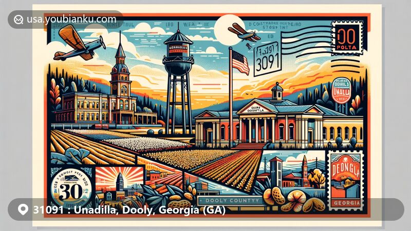 Modern illustration of Unadilla, Georgia, showcasing city hall, water tower, and Dooly County Courthouse against agricultural landscape, symbolizing cotton and peanut production.