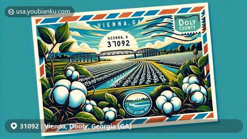 Modern illustration of Vienna, Dooly County, Georgia, featuring picturesque cotton field under clear sky, symbolizing Vienna's agricultural heritage and showcasing ZIP code 31092.