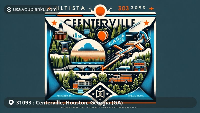 Modern illustration of Centerville, Houston County, Georgia, highlighting postal theme with ZIP code 31093, featuring Georgia peach, lush greenery, Georgia silhouette with star, Houston Lakes Stadium Cinemas, and Houston County Fire Department emblem.