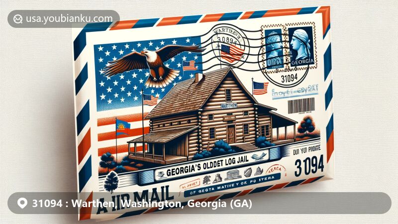 Modern illustration of the oldest log jail in Warthen, featuring the Georgia state flag, ZIP code 31094, postmark, and stamp with iconic American symbols.