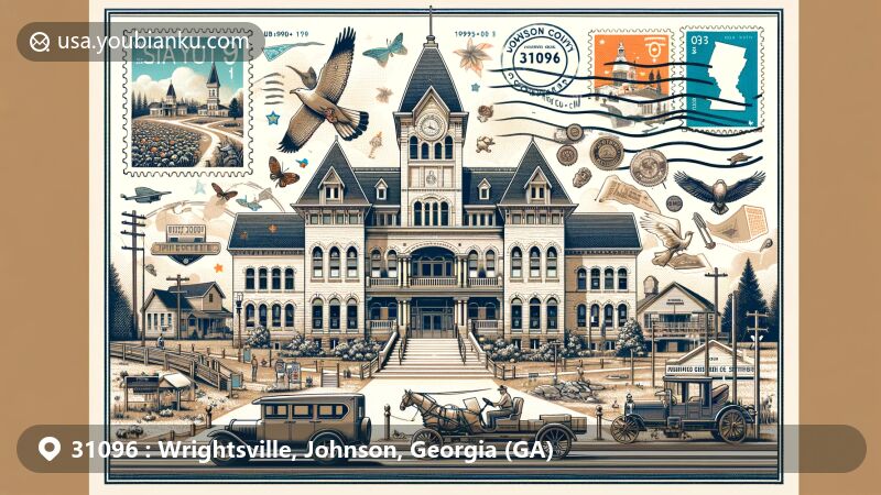 Modern illustration of Johnson County Courthouse in Wrightsville, Georgia, featuring local wildlife, outdoor activities, and postal theme with ZIP code 31096 and Georgia state symbols.