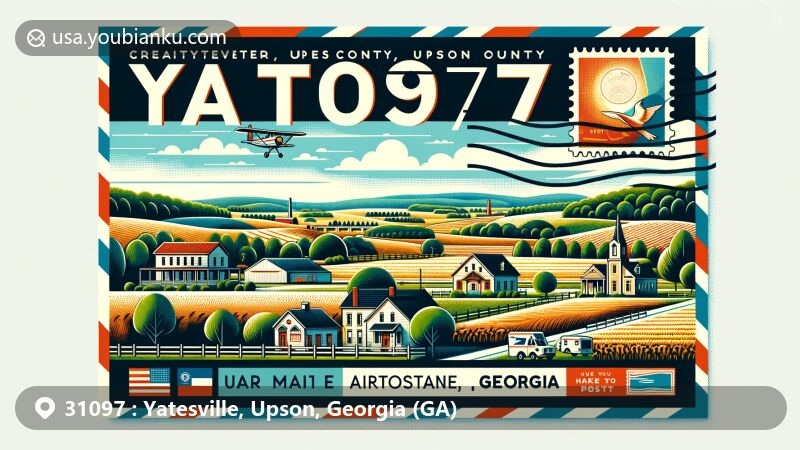 Modern illustration of Yatesville, Upson County, Georgia, showcasing postal theme with ZIP code 31097, featuring Georgian countryside and town streetscapes.