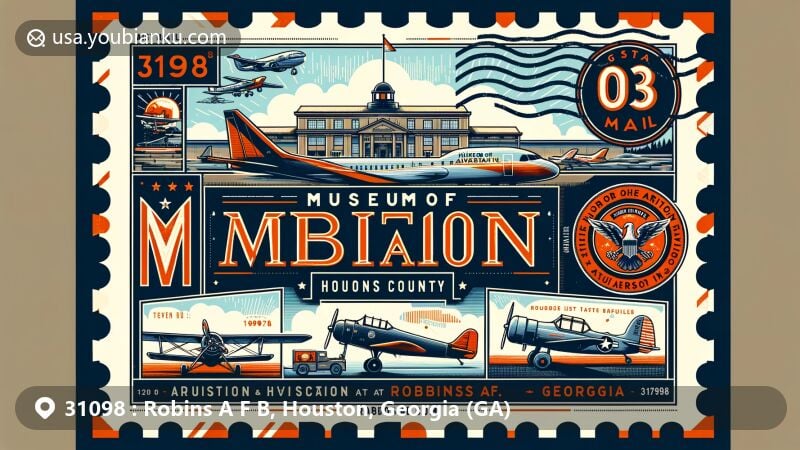 Modern illustration of the Museum of Aviation at Robins AFB, 31098, featuring historic aircraft and symbols of Georgia, integrated into a postcard design showcasing the rich aviation history of Houston County.