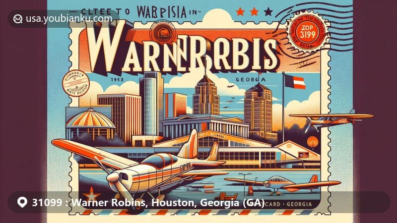 Creative illustration of Warner Robins, Georgia, integrating aviation theme with Museum of Aviation, Georgia state elements like state flag, and postal features like postcard format, ZIP Code 31099, and postal markings.