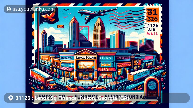 Modern illustration of Lenox Sq Finance area in Fulton County, Georgia, featuring ZIP code 31126, showcasing Lenox Square shopping center and Georgia state symbols.