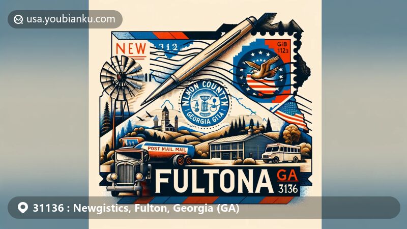 Creative illustration of Newgistics, Fulton, Georgia, portraying a vintage air mail envelope with postal and regional elements, showcasing features of Fulton County and the ZIP Code 31136.