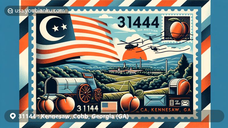 Modern illustration of Kennesaw, Cobb, Georgia, highlighting postal theme with ZIP code 31144, featuring Kennesaw Mountain National Battlefield Park and Georgia state symbols.