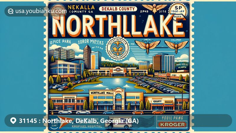Modern illustration of Northlake area, DeKalb County, Georgia, showcasing postal theme with ZIP code 31145, featuring Northlake Mall, office parks, retail options, and cultural elements.