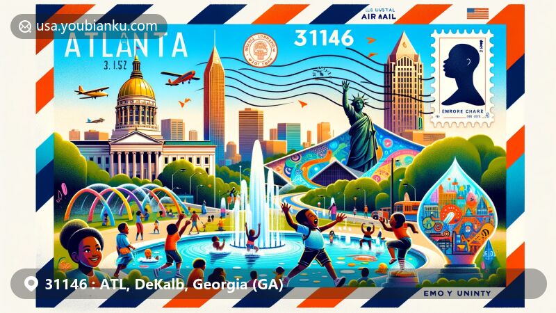 Modern illustration of Atlanta (ATL) and DeKalb County, Georgia, representing ZIP code 31146, featuring Centennial Olympic Park, Georgia State Capitol, Dr. Martin Luther King, Jr. National Historical Park with the Ghandi Statue and Ebenezer Baptist Church, Krog Street Tunnel street art, Emory University, and airmail design with stamp and postmark.