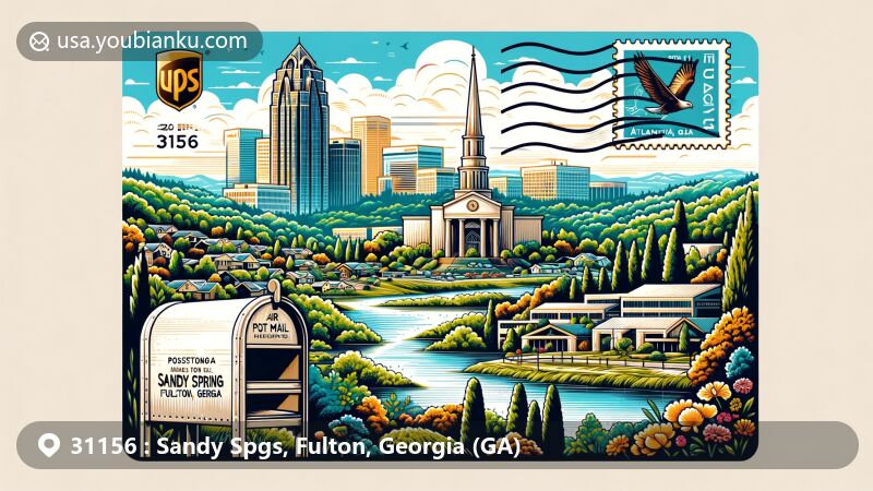 Modern illustration of Sandy Springs, Fulton County, Georgia, showcasing postal theme with ZIP code 31156, featuring Atlanta Georgia Temple and Chattahoochee River symbols.