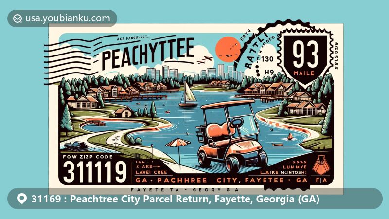 Modern illustration of Peachtree City, Fayette County, Georgia, incorporating golf cart culture and key landmarks, like Lake Peachtree and Lake McIntosh, within ZIP code 31169. Stylized map of Fayette County included for geographical context.