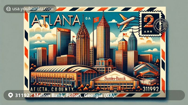Modern illustration of ZIP code 31192 in Mellon Bank, Fulton County, Georgia, featuring Atlanta skyline with Bank of America Plaza, SunTrust Plaza, Mercedes-Benz Stadium, and Georgia state flag.