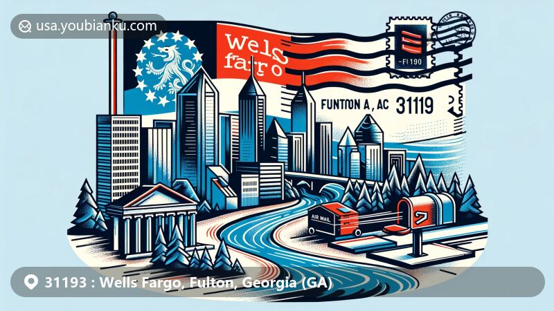 Modern illustration of Wells Fargo area, Fulton County, Georgia, featuring ZIP code 31193, Georgia state flag, Fulton County outline, and creative representation of finance theme with air mail envelope, stamp, postmark, mailbox, and postal vehicle.
