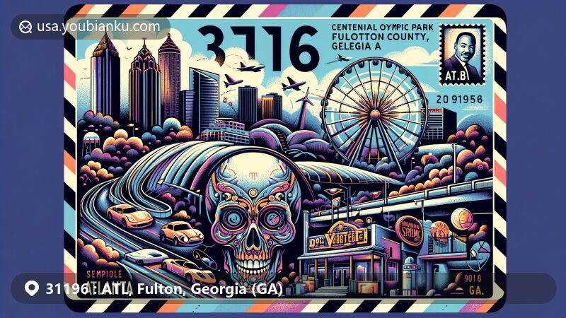 Modern illustration of Atlanta, Fulton County, Georgia, showcasing ZIP code 31196, with iconic landmarks like the Centennial Olympic Park, Dr. Martin Luther King, Jr. National Historical Park, Krog Street Tunnel, The Vortex Bar and Grill, and SkyView Atlanta incorporated into a postal theme.