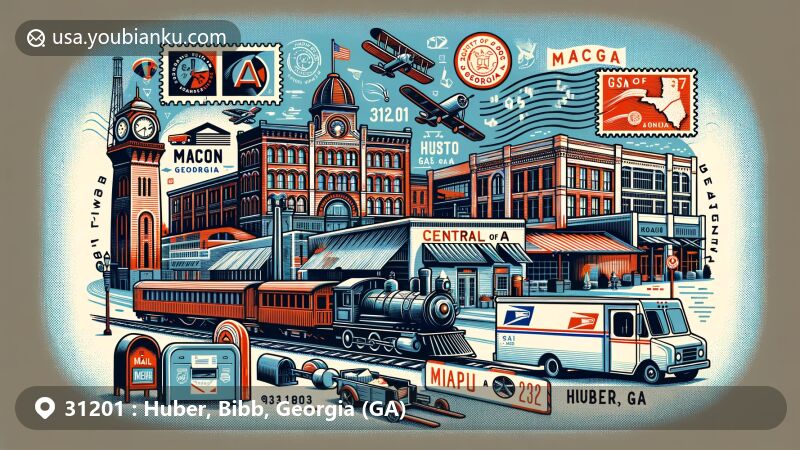 Modern illustration of Huber, Bibb County, Georgia, showcasing postal theme with ZIP code 31201, featuring Macon historic districts and Central of Georgia Railroad landmarks.