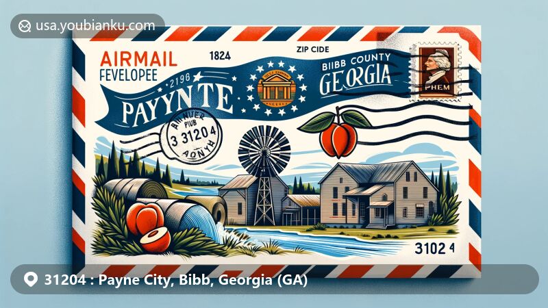 Modern illustration of Payne City, Bibb County, Georgia, featuring airmail envelope with ZIP code 31204, Georgia state flag, Bibb County outline, and historical mill site.