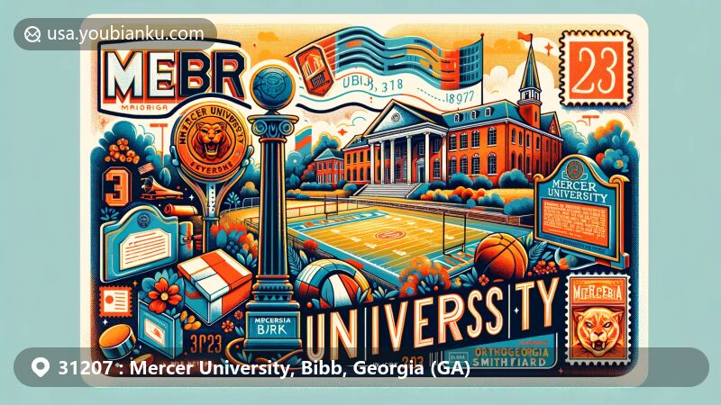 Modern illustration of Mercer University in Bibb, Georgia, ZIP code 31207, featuring historic marker and OrthoGeorgia Park at Claude Smith Field, showcasing educational legacy since 1833 and spirit of athletics, with Georgian architectural elements, Macon's environment, and postal theme.