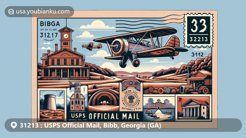 Modern illustration of Bibb County, Georgia, showcasing aviation-themed envelope with ZIP code 31213, featuring Hay House, Cannonball House, and Ocmulgee Mounds National Historical Park.