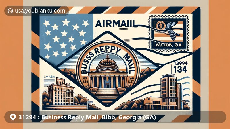 Modern illustration of Bibb County, Georgia, featuring airmail envelope background with Georgia state flag, showcasing Ocmulgee National Monument and Macon landmark, highlighting Native American heritage and postal theme.