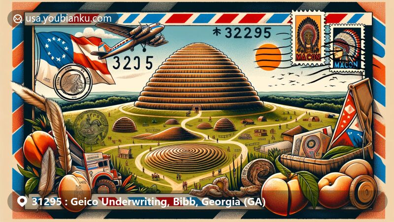 Macon, Georgia illustration of ZIP Code 31295 in vintage air mail envelope, featuring Ocmulgee Mounds National Historical Park with earth lodges and spiral mound, Georgia peaches, state flag, Muscogee (Creek) tribe elements, postal symbols, and eagle ink stamp.