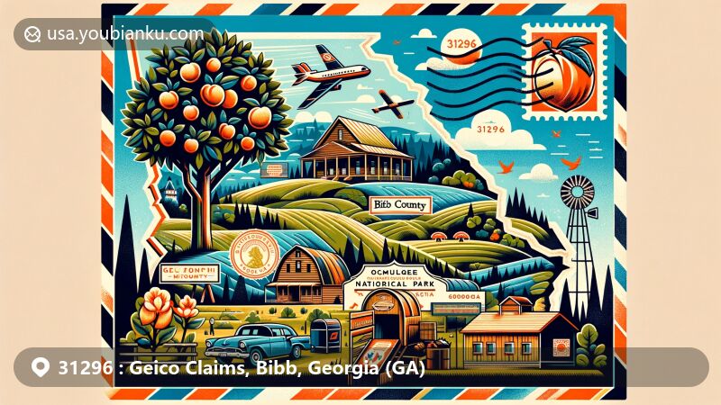 Vibrant illustration of ZIP code 31296, Bibb County, Georgia, blending regional and postal elements with Macon landmarks, Georgia peach tree, vintage stamp, and postal mark.