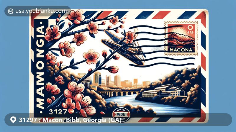 Modern illustration of Macon, Bibb County, Georgia, featuring ZIP code 31297, with iconic Yoshino cherry blossoms and symbolic representations of the Ocmulgee River, vintage airmail elements, stamps, and postmark, blending regional and postal features.