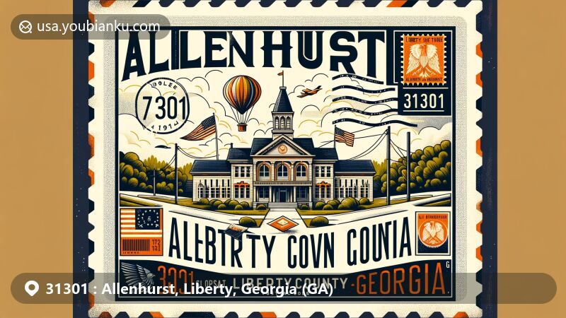 现代插图，以Allenhurst市政厅为中心，周围环绕着自由县郁郁葱葱的绿色植被，展现了该地区的自然美景，邮政主题的风格化信封和邮票上饰有乔治亚州州旗，标记“31301”和“Allenhurst, GA”。插图还巧妙地加入了自由县地图轮廓背景，代表Allenhurst的地理特征和位置。