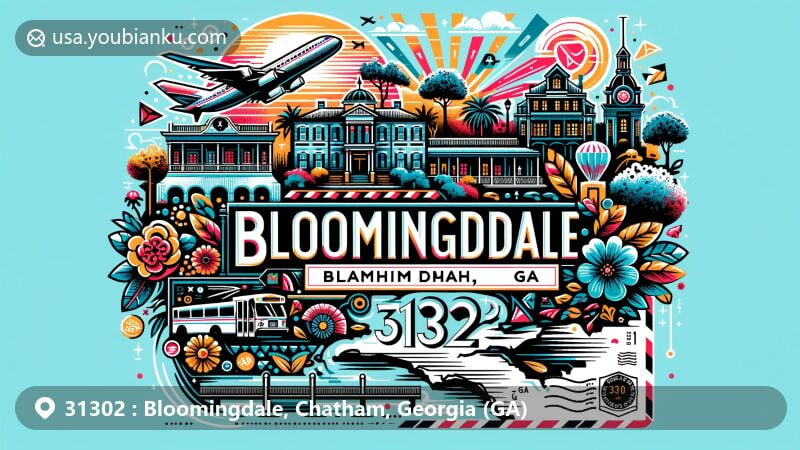 Artistic depiction of Bloomingdale, Chatham County, Georgia, resembling an air mail envelope with postal code 31302, showcasing local parks, southern charm, and Savannah's historic beauty.