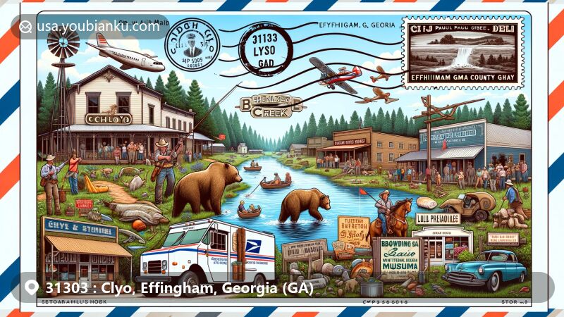 Modern illustration of Clyo, Effingham, Georgia, showcasing postal theme with ZIP code 31303, featuring natural beauty of Ebenezer Creek and local preserves, along with M&M Market & Deli, The Bowden Store, and Barton's Liquor Store.