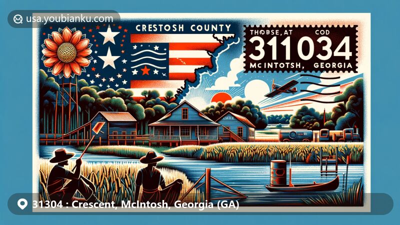 Contemporary illustration of Crescent, McIntosh County, Georgia, postal theme with ZIP code 31304, showcasing local history and natural beauty, featuring Rice Hope plantation, Georgia state flower Cherokee Rose, and postal design elements.