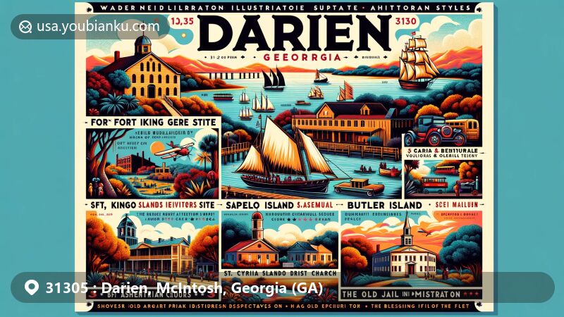 Modern illustration of Darien, McIntosh County, Georgia, with ZIP code 31305, showcasing important landmarks and natural beauty in a unique airmail envelope design.