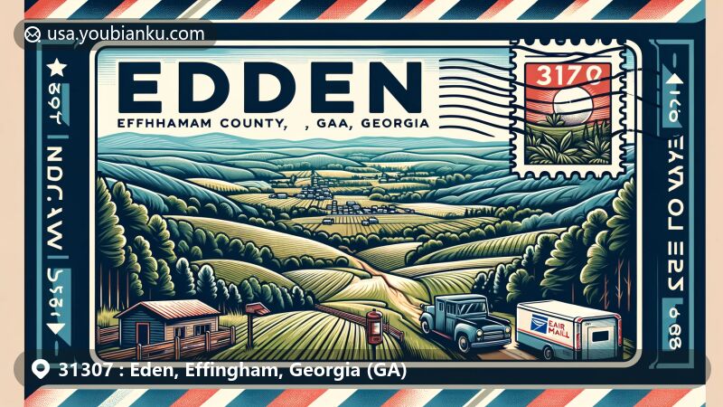 Modern illustration of Eden, Effingham County, Georgia, depicting peaceful countryside view with rolling hills, forests, and Georgia state flag.