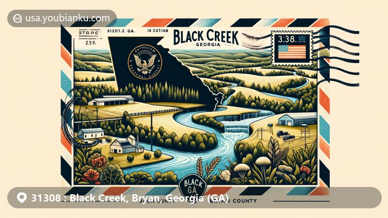 Modern illustration of Black Creek, Georgia, showcasing southeastern U.S. landscapes and Georgia state symbols, featuring Bryan County outline, airmail envelope frame with vintage stamp effect, and ZIP code 31308.