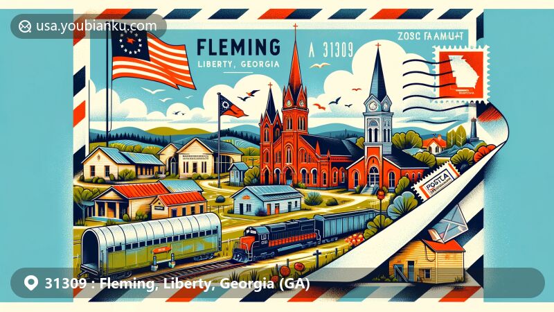 Modern illustration of Fleming, Liberty, Georgia, showcasing postal theme with ZIP code 31309, featuring landmarks like Macedonian Missionary Baptist Church and Mount Olivet Methodist Church.