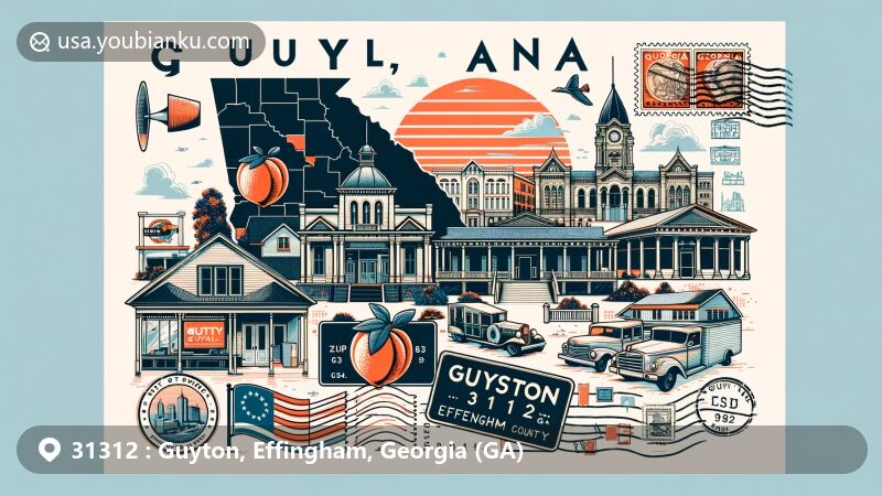 Modern illustration of Guyton, Georgia, blending historic and modern cityscape with Effingham County map outline, state flag, peach symbol, and postal theme including postcard frame, stamps, and '31312 Guyton, GA' postmark.