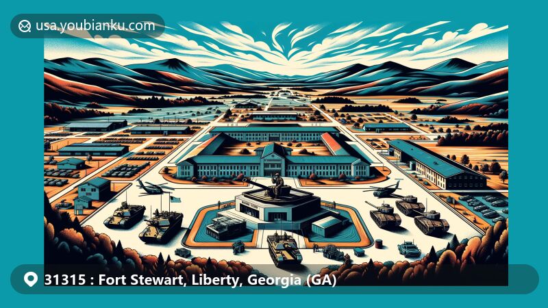 Modern illustration of Fort Stewart military base in Liberty County, Georgia, highlighting its significance as the largest Army base in the eastern United States and military heritage with iconic symbols of training, history, and POW camp nods.