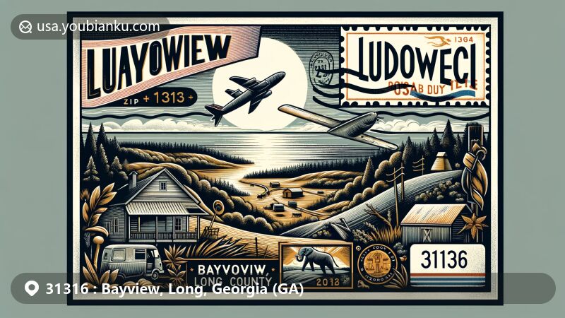 Modern illustration of Bayview, Ludowici, Long County, Georgia, featuring a creatively designed airmail envelope with ZIP code 31316, set against natural scenery and cultural elements, including Georgia's state flag and postal symbols.