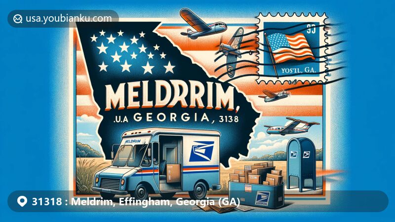 Modern illustration of Meldrim, Effingham County, Georgia, featuring postal theme with ZIP code 31318, presenting airmail envelope, Effingham County outline, Georgia state flag, stamp with local landmark, postmark, USPS vehicle, mail collection box, and letters.