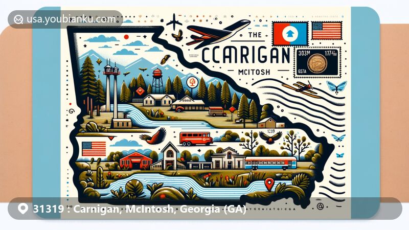 Modern illustration of Carnigan, McIntosh, Georgia, blending geographical features, natural landscapes, and postal elements, with map outline, postcard design, stamps, and ZIP Code 31319.