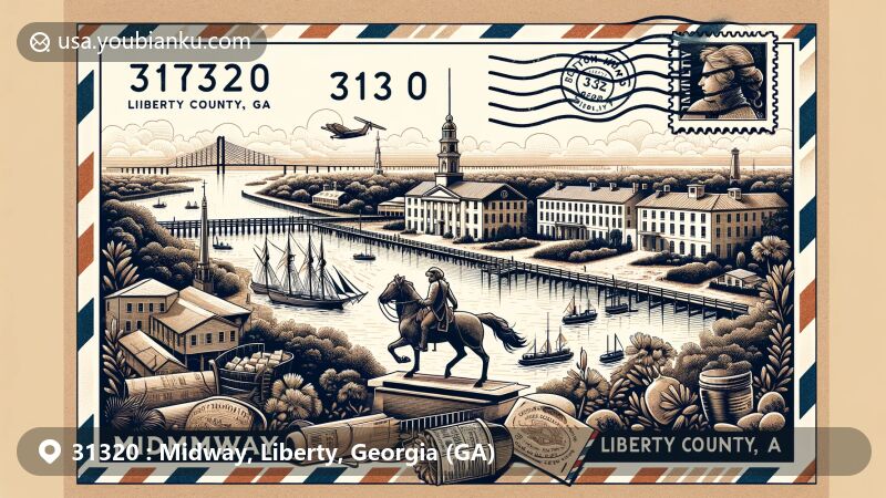 Modern illustration of Midway, Liberty County, Georgia, featuring ZIP code 31320, showcasing historical and cultural landmarks like Midway Museum and Fort Morris Historic Site.