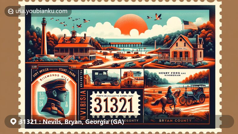 Modern illustration of Nevils, Bryan County, Georgia, with ZIP code 31321, featuring Fort McAllister State Historic Park, Richmond Hill History Museum, Veterans Monument, and Coastal Bryan Heritage Trail, showcasing Georgia's natural beauty and postal motifs.