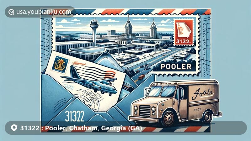 Modern illustration of Pooler, Georgia, with Savannah/Hilton Head International Airport in the background and a themed airmail envelope in the foreground.