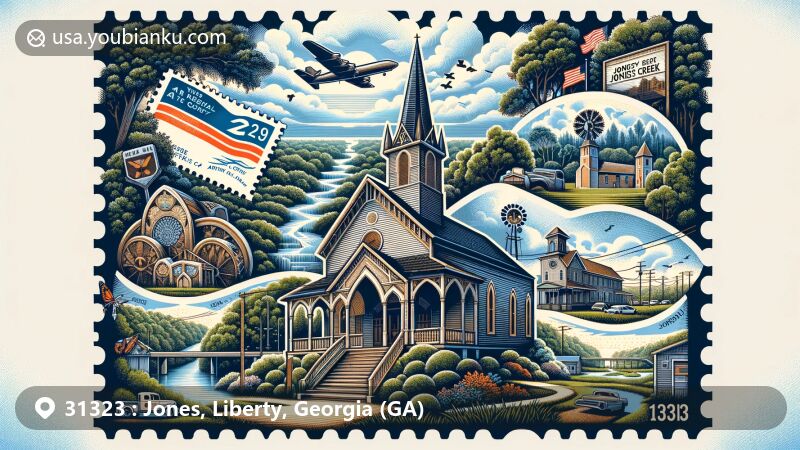 Modern illustration of Riceboro, Liberty County, Georgia, with First African Baptist Church, Jones Creek, Fort Morris State Historic Site, postal theme with air mail envelope, and Georgia state flag stamp.