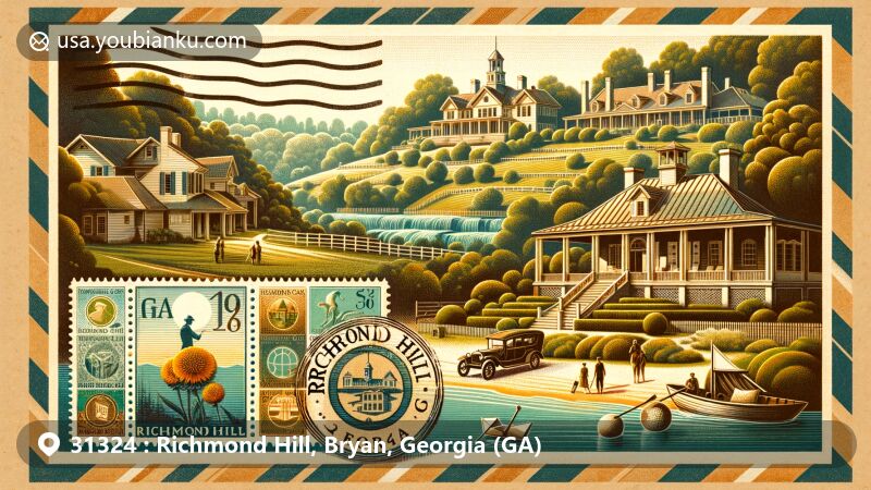Modern illustration of ZIP Code 31324 in Richmond Hill, Bryan County, Georgia, combining historical and cultural elements, including the Ford Plantation, Henry Ford's mansion, and the Ogeechee River.