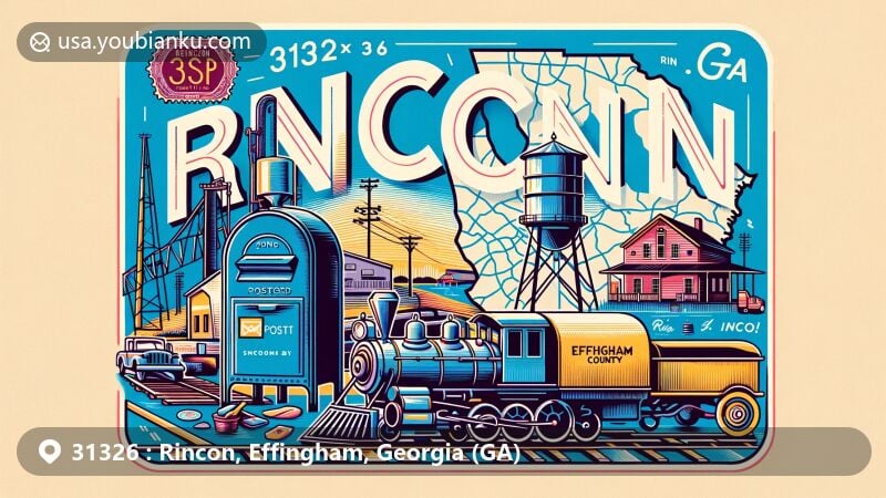 Modern postcard illustration of Rincon, Georgia, showcasing ZIP code 31326, featuring Effingham County's outline, a classic American mailbox, railway tracks, and a vintage train, symbolizing the city's historical and developmental connection with the railroad.
