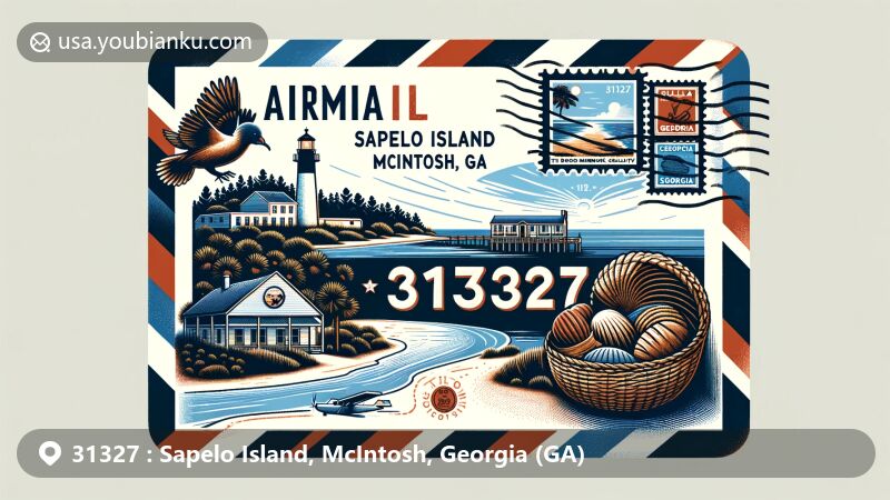Illustration of Sapelo Island, McIntosh, GA, featuring airmail envelope with ZIP code 31327. Depicts natural landscapes, Gullah culture, Sapelo Island Lighthouse, and Georgia state flag.